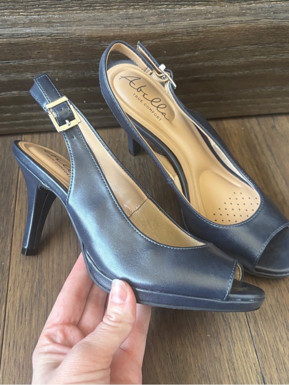 Abella True Comfort Womens High Heels Navy Blue Sz 7 Peep Toe Slingback Platform